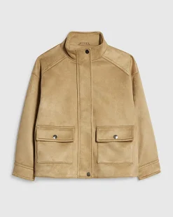 Girls Brown Faux Suede Funnel Bomber Jacket