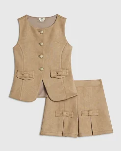 Girls Brown Faux Suede Waistcoat Set