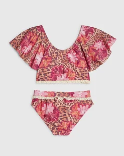 Girls Brown Floral Leopard Bikini Set