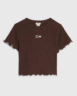 Girls Brown Lettuce Hem Crop T-Shirt