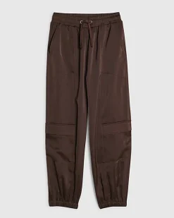 Girls Brown Satin Cargo Trousers