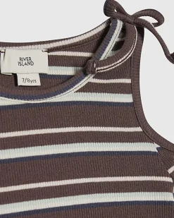 Girls Brown Stripe Cold Shoulder Top