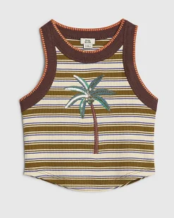 Girls Brown Stripe Sequin Palm Tree Tank Top