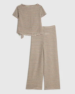 Girls Brown Striped Knot Front T-Shirt Set