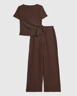 Girls Brown Textured T-Shirt Set