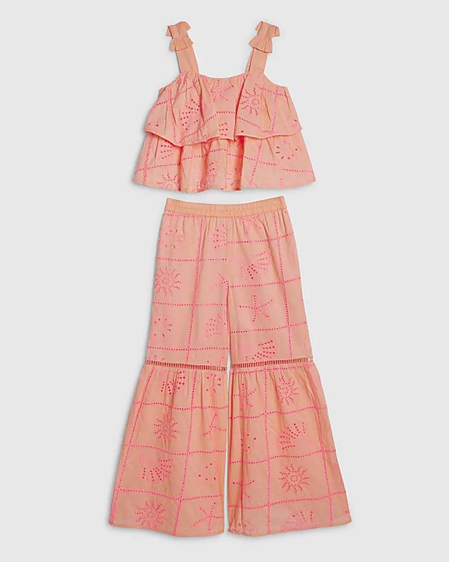 Girls Coral Tiered Broderie Top Set