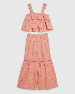 Girls Coral Tiered Broderie Top Set