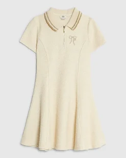 Girls Cream Boucle Bow Polo Dress