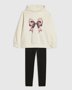 Girls Cream Bow Hoodie And Leggings Set