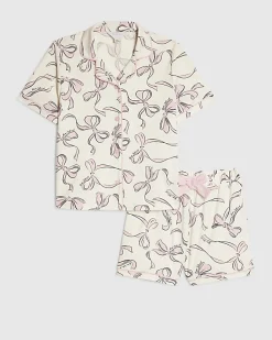 Girls Cream Bow Print Short Sleeve Pyjamas