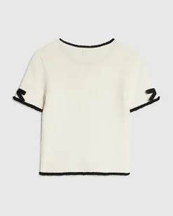 Girls Cream Bow Ruffle Trim Knitted T-Shirt