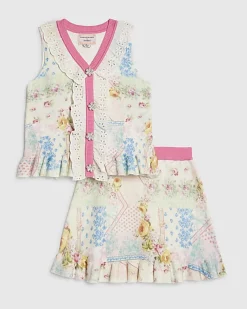 Girls Cream Cabbages & Roses Floral Skirt Set