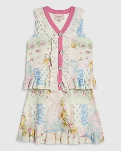 Girls Cream Cabbages & Roses Floral Skirt Set