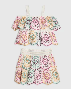 Girls Cream Embroidered Skirt Set