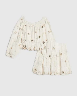 Girls Cream Embroidered Skirt Set