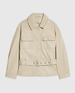 Girls Cream Faux Leather Belted Jacket