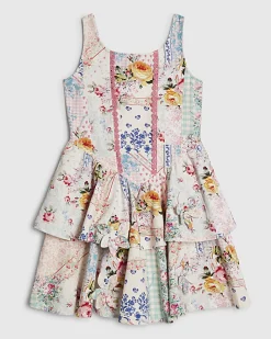 Girls Cream Floral Print Tiered Cotton Dress