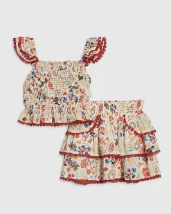 Girls Cream Floral Print Skirt Set