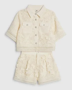 Girls Cream Lace Blouse And Shorts Set