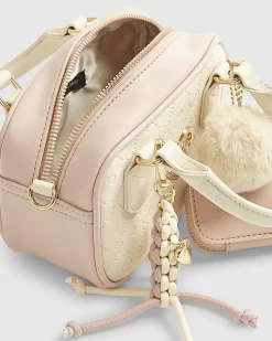 Girls Cream Monogram Charm Mini Bowler Bag