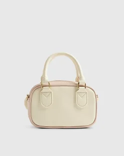 Girls Cream Monogram Charm Mini Bowler Bag