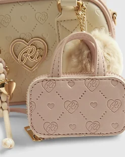 Girls Cream Monogram Charm Mini Bowler Bag