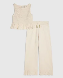 Girls Cream Peplum Top Trousers Set
