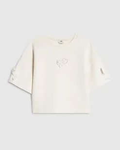 Girls Cream Premium Embellished Bow Crop Top