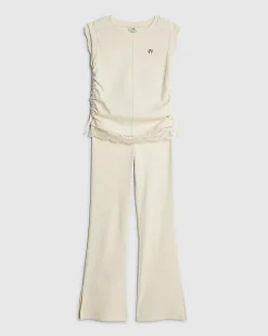 Girls Cream Ruched Ribbed Leggings Set