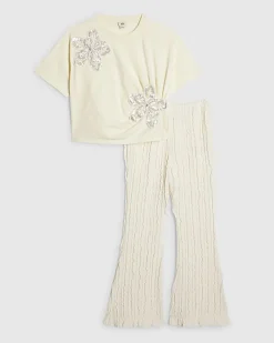 Girls Cream Sequin T-shirt & Trouser Set