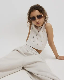 Girls Cream Stud Tank Top
