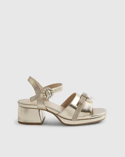Girls Gold Diamante Bow Strappy Heels
