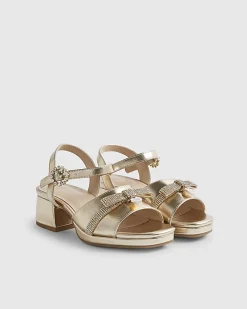 Girls Gold Diamante Bow Strappy Heels