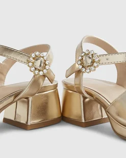 Girls Gold Diamante Bow Strappy Heels