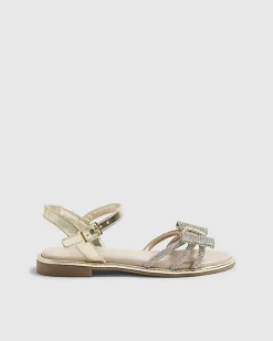 Girls Gold Diamante Strappy Bow Sandals