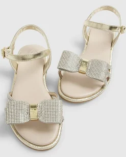 Girls Gold Diamante Strappy Bow Sandals