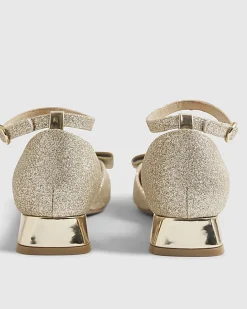 Girls Gold Glitter Bow Heel Mary Jane Shoes