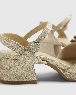 Girls Gold Glitter Bow Heeled Sandals