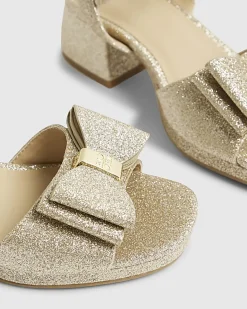 Girls Gold Glitter Bow Heeled Sandals