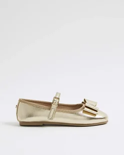 Girls Gold Metallic Bow Ballerina Pumps