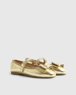 Girls Gold Metallic Bow Ballerina Pumps