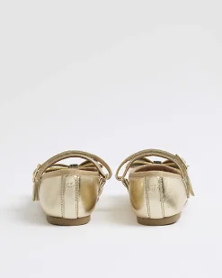 Girls Gold Metallic Bow Ballerina Pumps