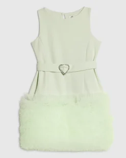 Girls Green 3D Organza Hem Dress