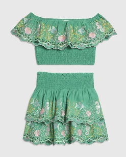 Girls Green Seahorse Beaded Top & Skirt Set