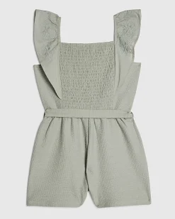 Girls Green Shirred Floral Playsuit