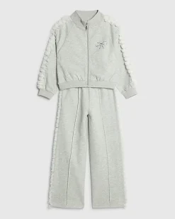 Girls Grey Bow Side Ruffle Sweatshirt Set