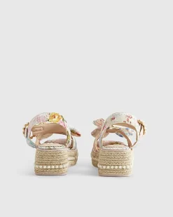 Girls Multi Colour Broderie Bow Wedge Sandals
