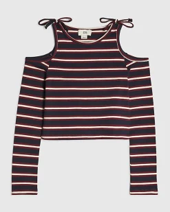 Girls Navy Stripe Cold Shoulder Top