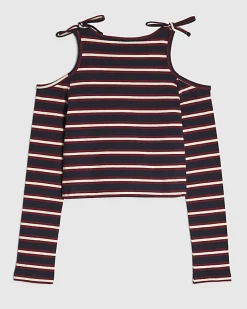 Girls Navy Stripe Cold Shoulder Top