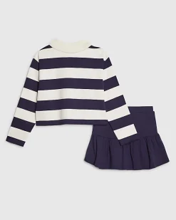 Girls Navy Stripe Polo Shirt And Skort Set